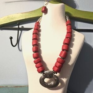 Red Polymer Clay with Metal Beads Necklace Set